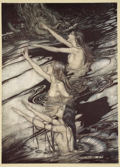 "Siegfriede! Siegfried! Naše varování je pravdivé: utíkej, ach, utíkej před prokletím!", ze "Siegfrieda a soumraku bohů", 1910 od Arthur Rackham